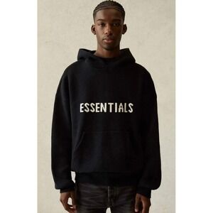 Fear of God Essentials Knit Hoodie Black Oversized Heavy Logo Sweater Size XS